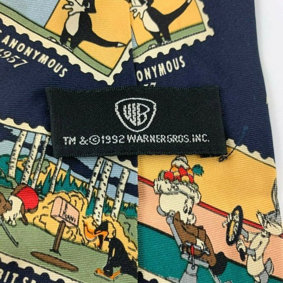 Warner Brothers Men's Novelty Necktie: Bugs & Looney Tune Friends on Stamps.1992 - Picture 2 of 3